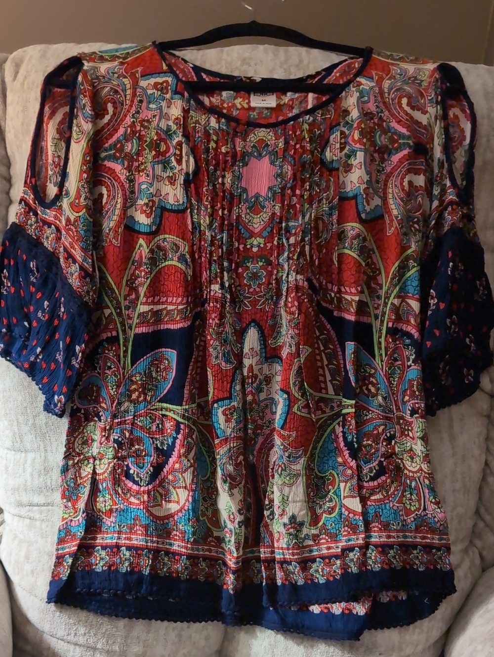 Bila Multicolor Paisley Boho Blouse with Navy Crochet Lace Accents